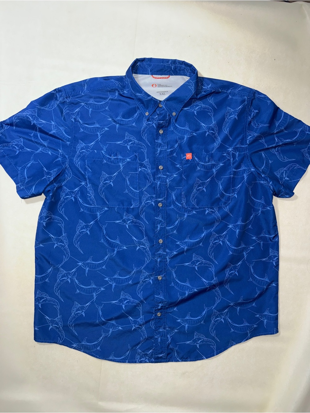 Men's Short-Sleeve Button-Down Shirt in Royal Blue with Subtle Fish Print